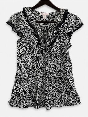 Oscar de la Renta Pink Label Leopard Blouse Ruffle Silk Feel Preppy Luxe M